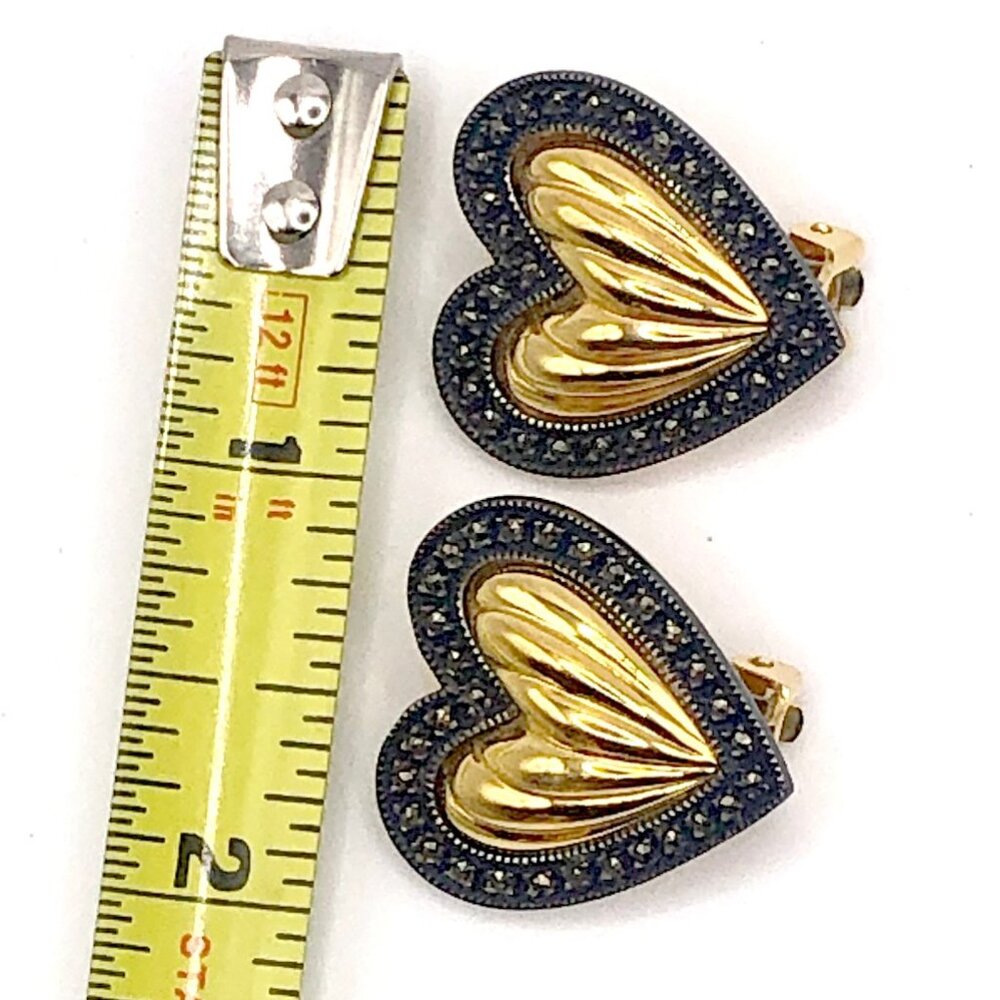 Vintage Judith Jack Gold Tone Marcasite Halo Puffy Heart Clip-On 1" Earrings - Picture 15 of 15